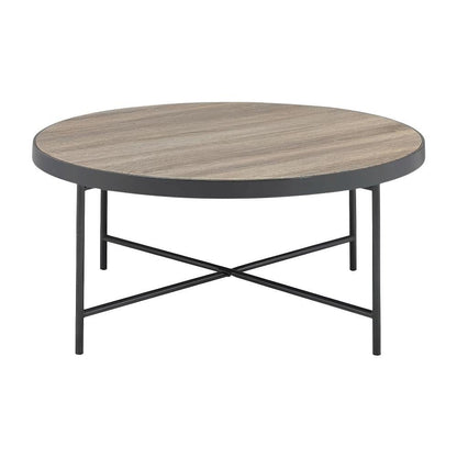 Weathered Gray Oak Metal Coffee Table with Industrial Style and Wood Veneer