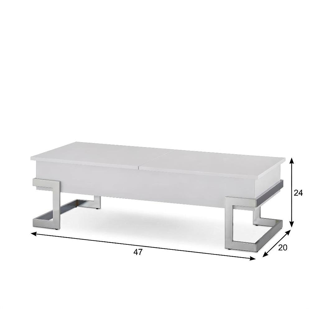 White High Gloss Coffee Table with Chrome Lift Top and Metal Wood Design