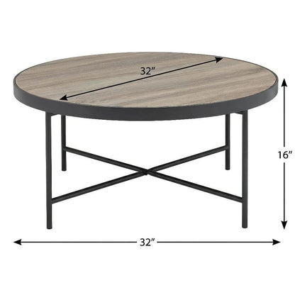 Weathered Gray Oak Metal Coffee Table with Industrial Style and Wood Veneer