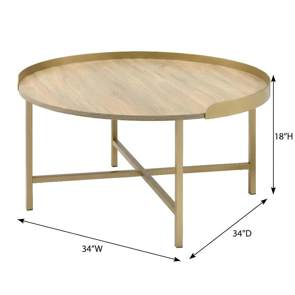 Oak Table Top Coffee Table with Gold Finish and Wood Metal Frame