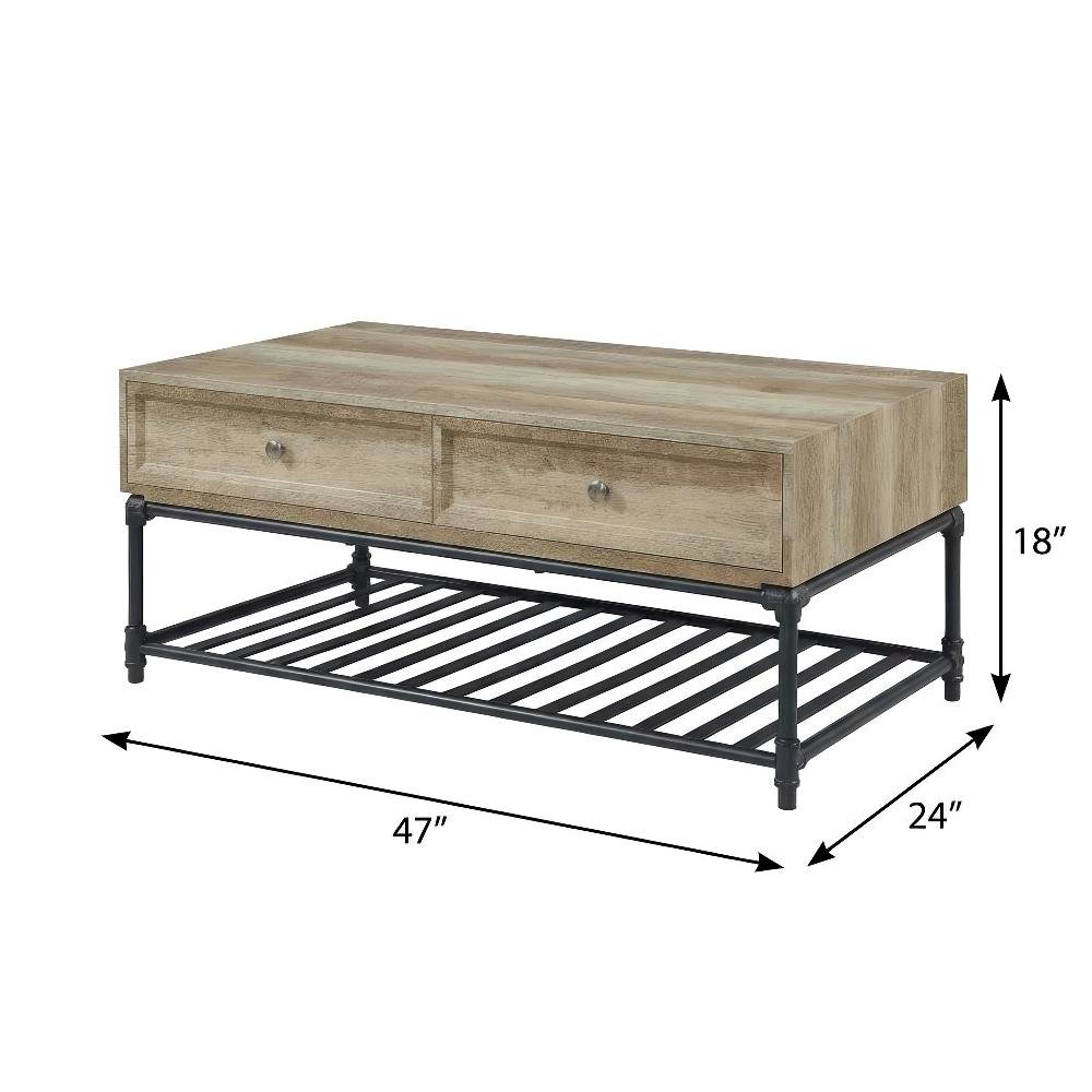 Oak and Sandy Black Finish Rectangular Coffee Table Industrial Metal MDF Veneer