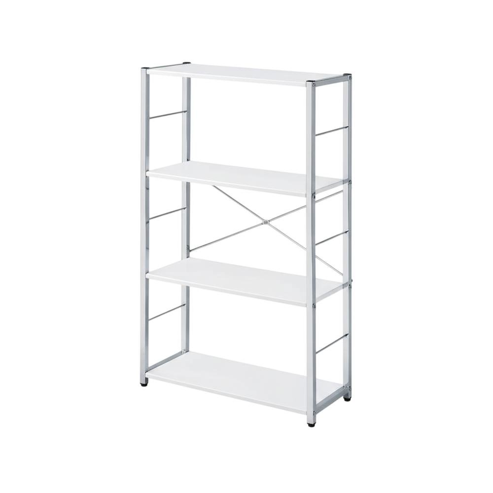 White bookcase with sleek chrome details and modern design