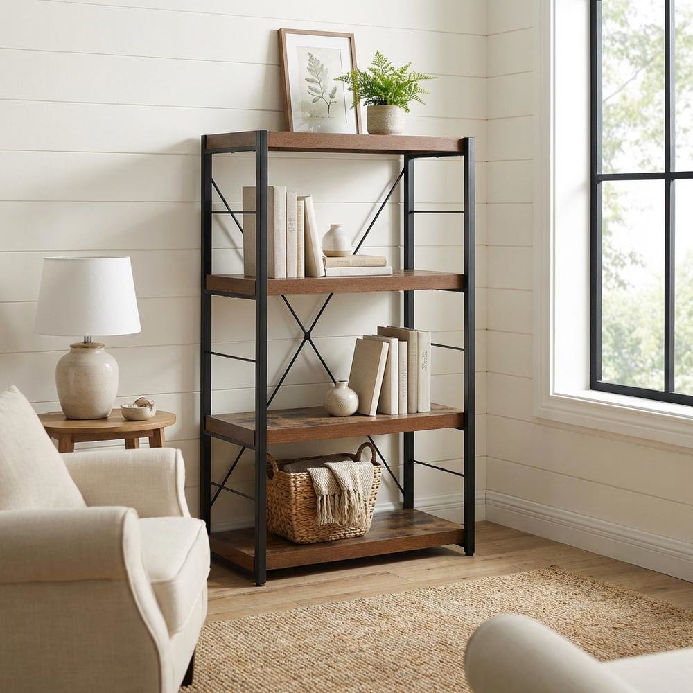Weathered Oak and Black Bookcase with Sturdy Frame for Living Room Storage