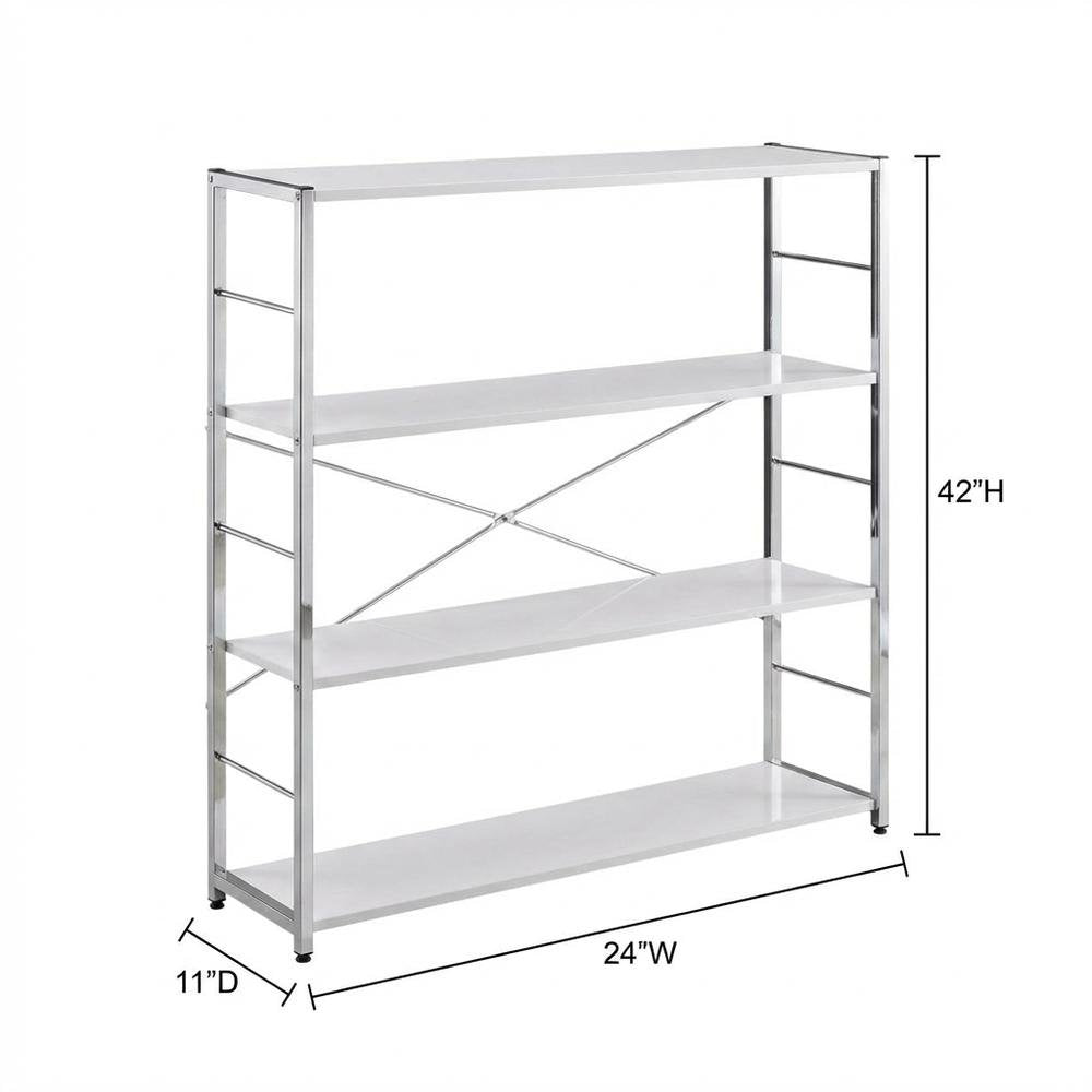 White bookcase with sleek chrome details and modern design