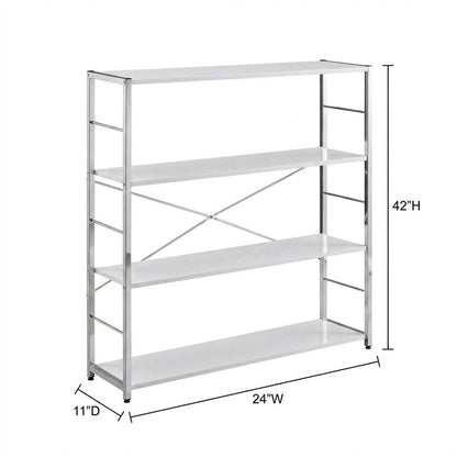 White bookcase with sleek chrome details and modern design