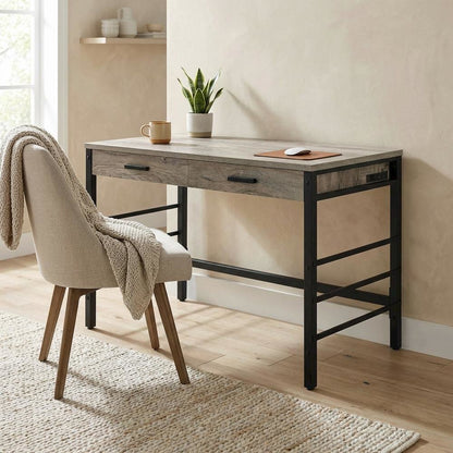 Light Weathered Oak And Black Finish Office Desk With Built-In Usb Port