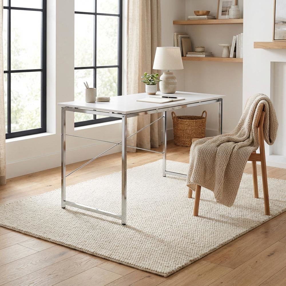 White And Chrome Finish Writing Desk With Modern Design