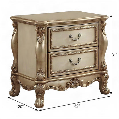 Wood and Poly Resin Nightstand with 2 Drawers, Bedside Table, Gold Patina & Bone