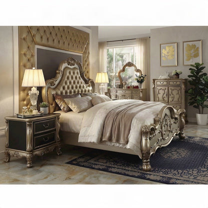 Wood and Poly Resin Nightstand with 2 Drawers, Bedside Table, Gold Patina & Bone