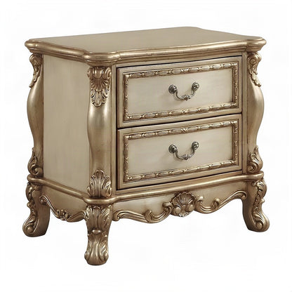 Wood and Poly Resin Nightstand with 2 Drawers, Bedside Table, Gold Patina & Bone