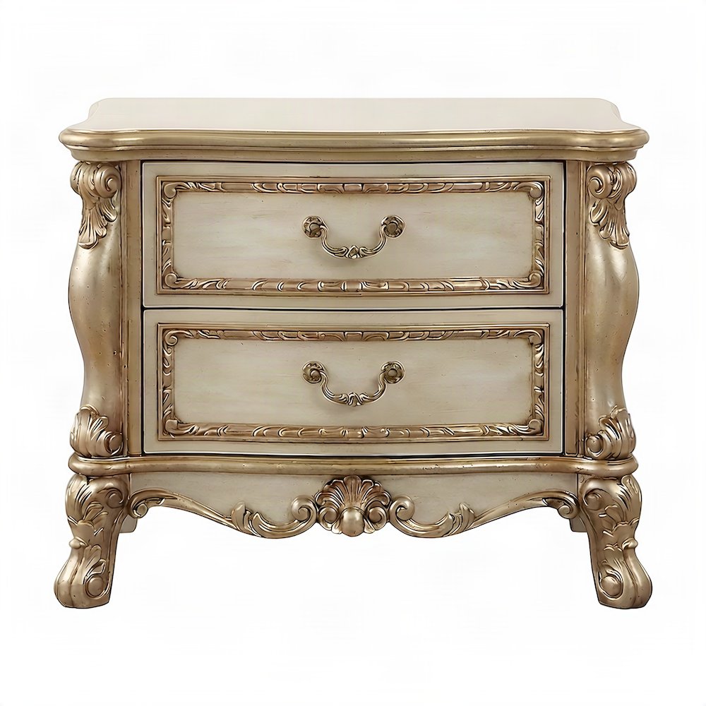 Wood and Poly Resin Nightstand with 2 Drawers, Bedside Table, Gold Patina & Bone