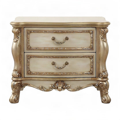 Wood and Poly Resin Nightstand with 2 Drawers, Bedside Table, Gold Patina & Bone