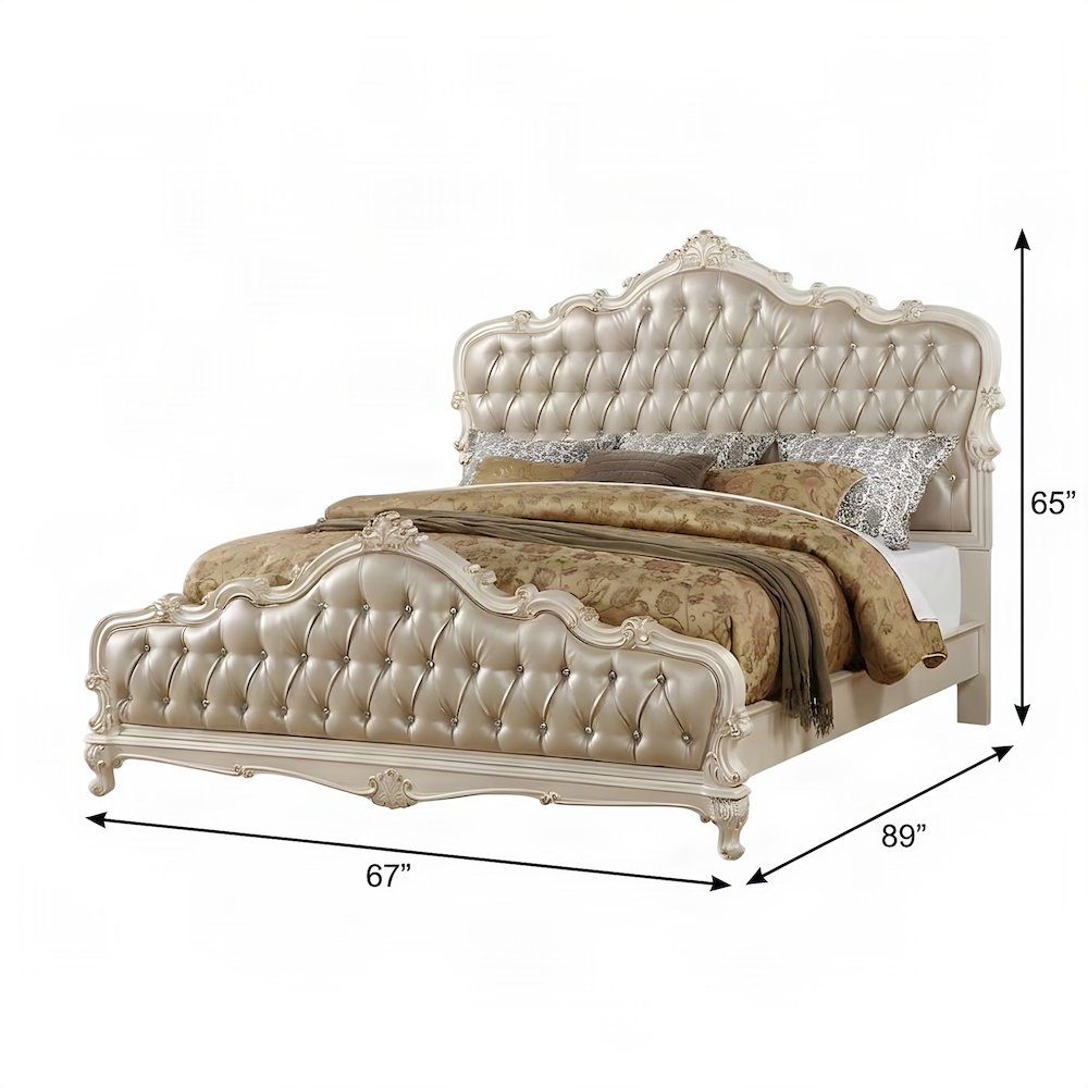 Queen Platform Bed Frame, PU Leather Tufted Headboard, Rose Gold & Pearl White