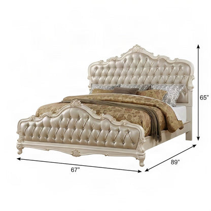 Queen Platform Bed Frame, PU Leather Tufted Headboard, Rose Gold & Pearl White