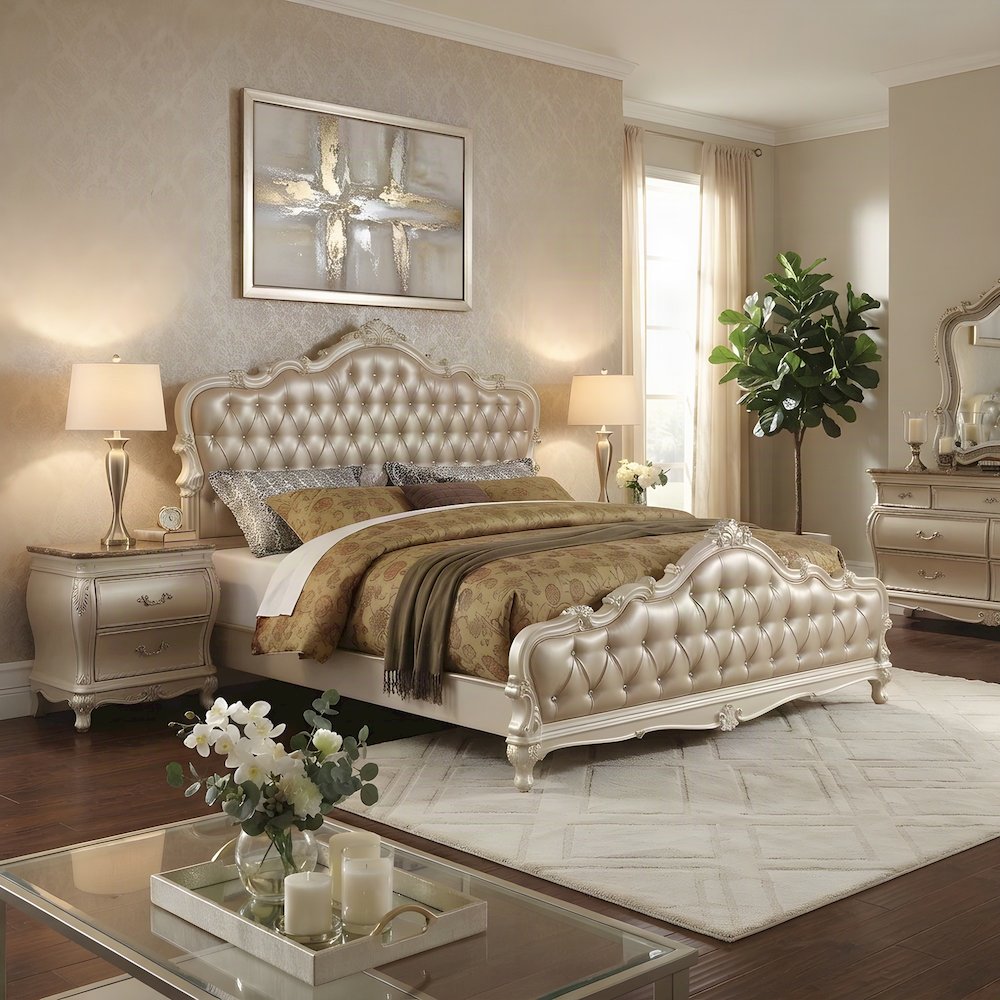 Queen Platform Bed Frame, PU Leather Tufted Headboard, Rose Gold & Pearl White