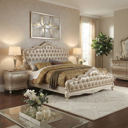 Queen Platform Bed Frame, PU Leather Tufted Headboard, Rose Gold & Pearl White