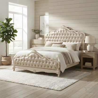 Queen Platform Bed Frame, PU Leather Tufted Headboard, Rose Gold & Pearl White