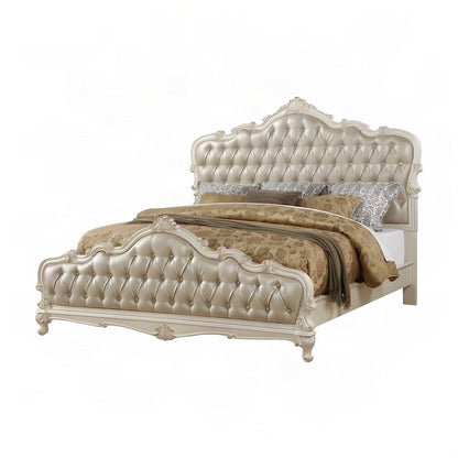 Queen Platform Bed Frame, PU Leather Tufted Headboard, Rose Gold & Pearl White