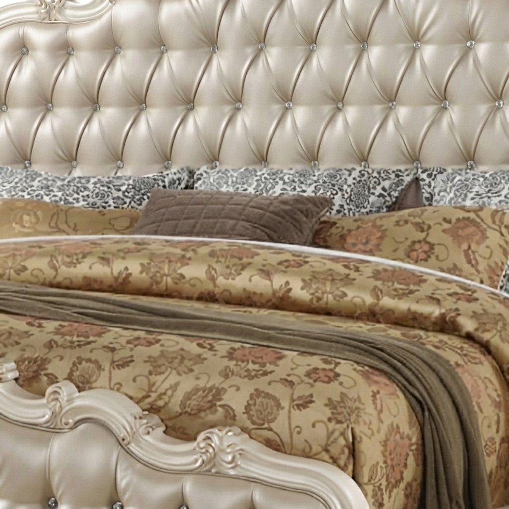 Queen Platform Bed Frame, PU Leather Tufted Headboard, Rose Gold & Pearl White