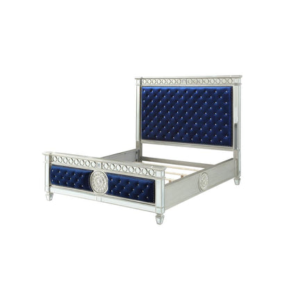 Varian Queen Bed Blue Velvet, Mirrored & Sliver