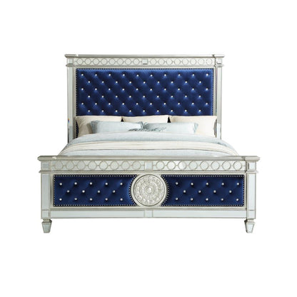 Varian Queen Bed Blue Velvet, Mirrored & Sliver