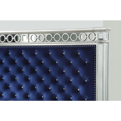 Varian Queen Bed Blue Velvet, Mirrored & Sliver