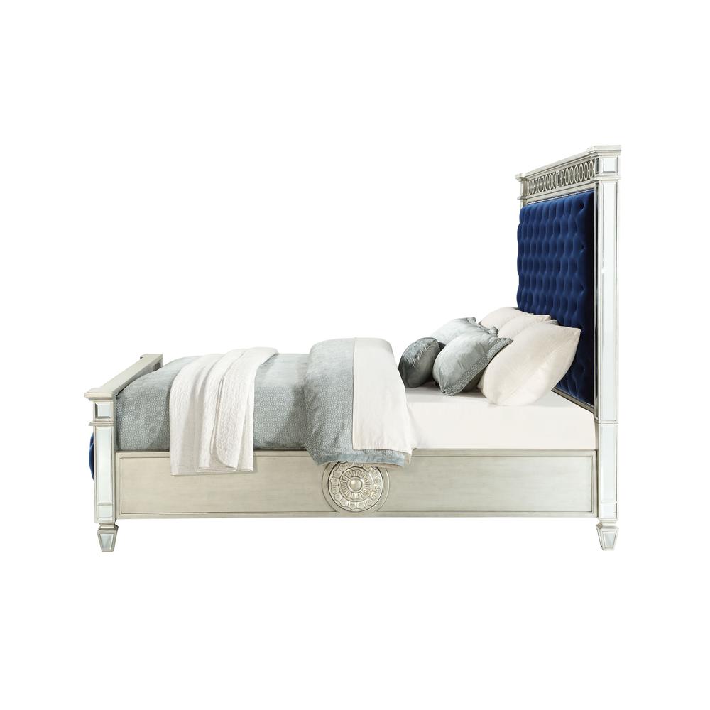 Varian Queen Bed Blue Velvet, Mirrored & Sliver