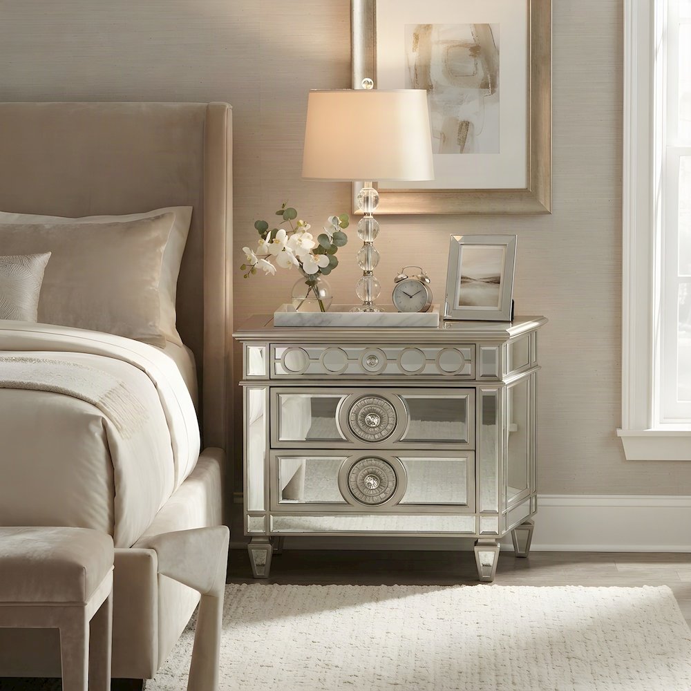 Mirrored Wood Glam Nightstand with 2 Drawers, Small Bedside Table, Stone