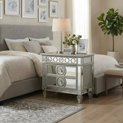 Mirrored Wood Glam Nightstand with 2 Drawers, Small Bedside Table, Stone