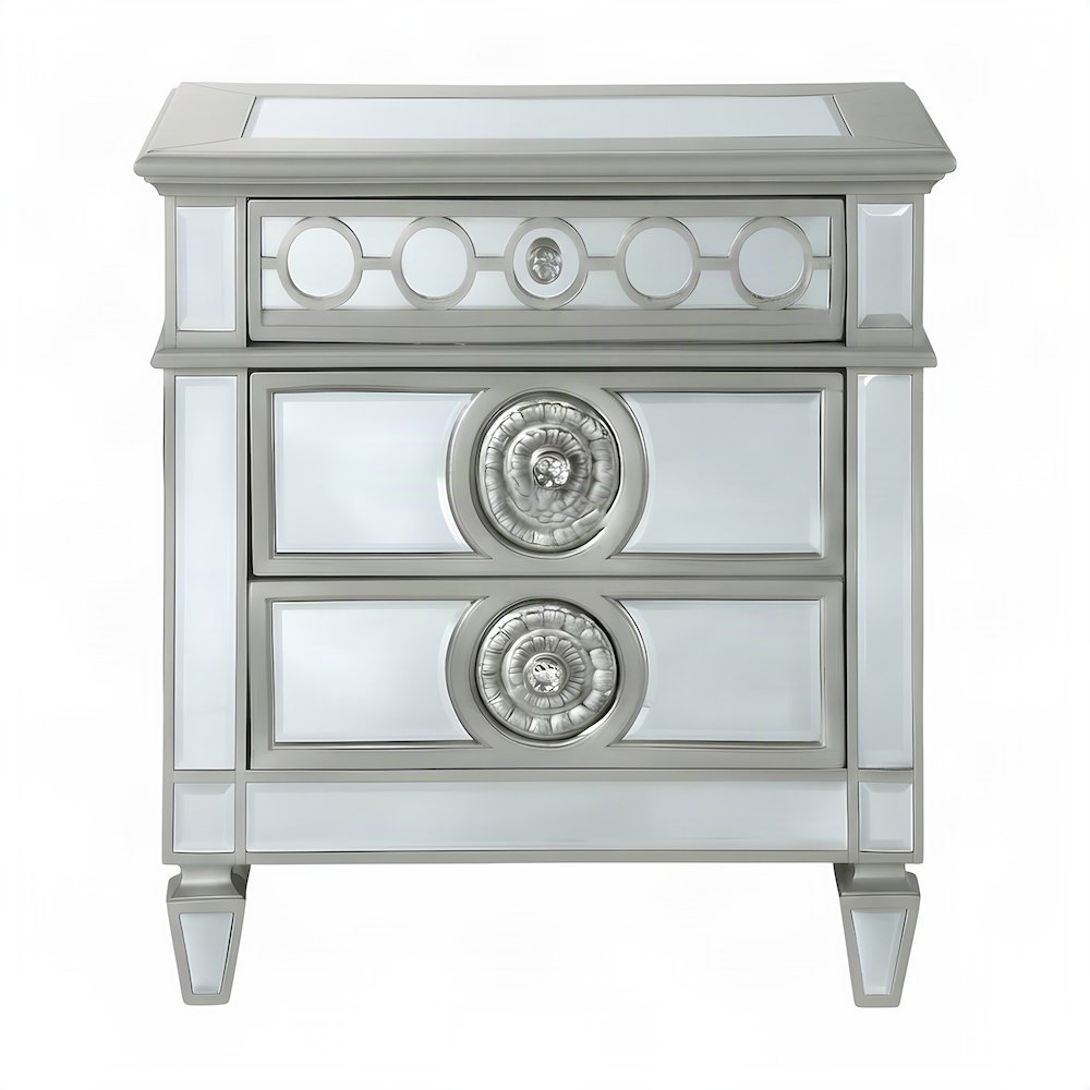 Mirrored Wood Glam Nightstand with 2 Drawers, Small Bedside Table, Stone
