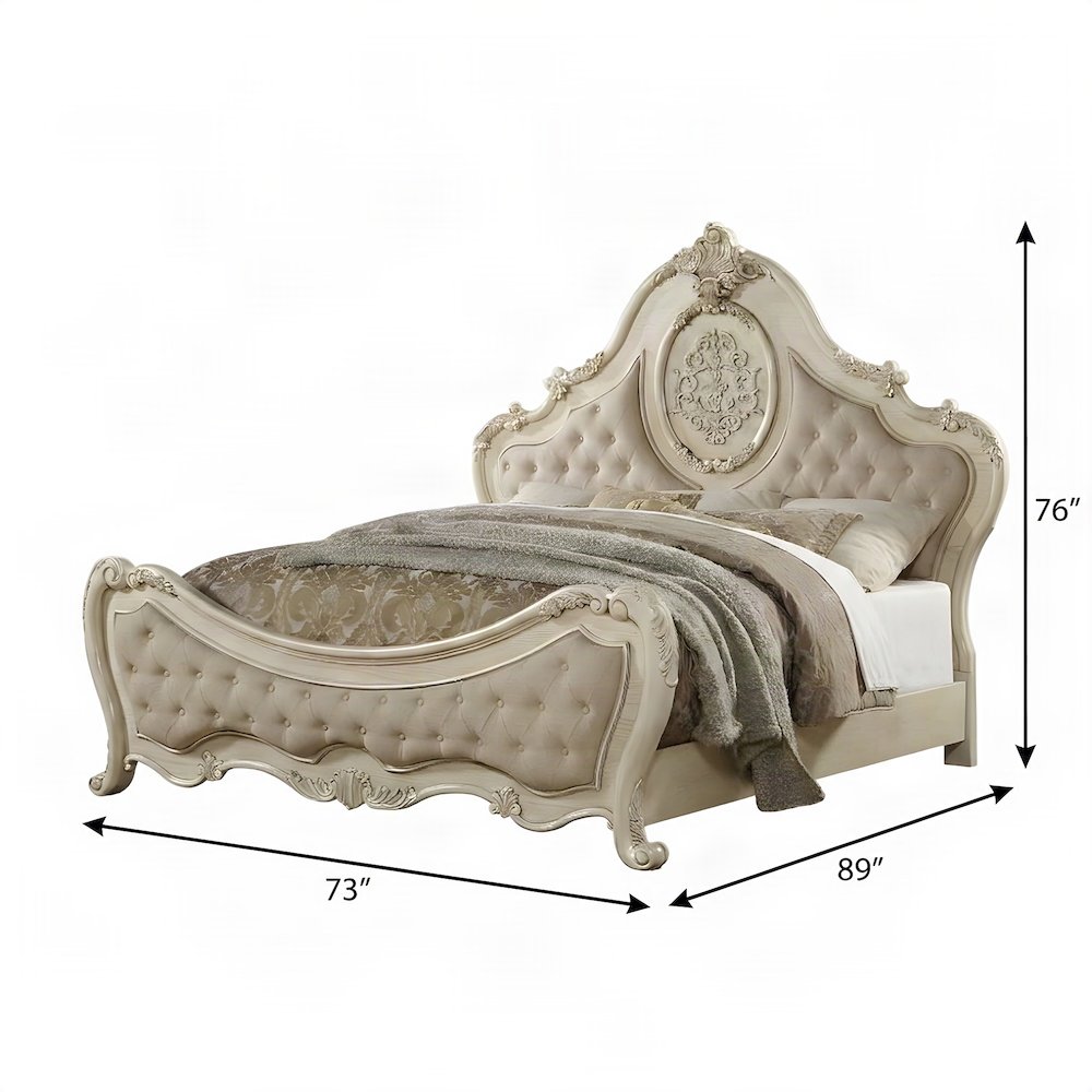Wood Veneer Queen Bed Frame with Linen Upholstered, Beige Linen & Antique White