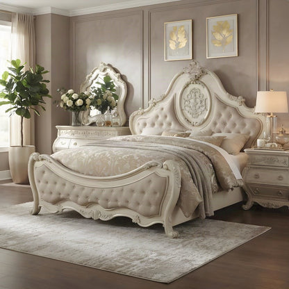 Wood Veneer Queen Bed Frame with Linen Upholstered, Beige Linen & Antique White
