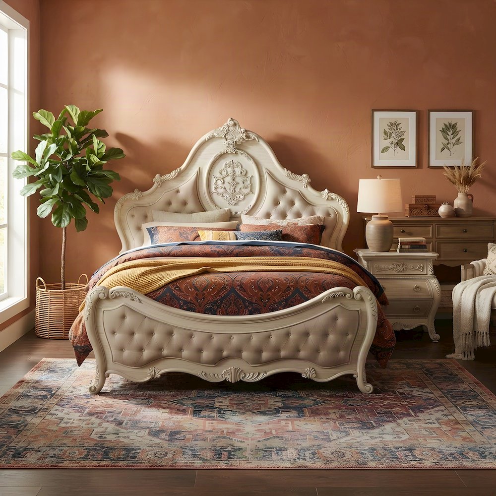 Wood Veneer Queen Bed Frame with Linen Upholstered, Beige Linen & Antique White