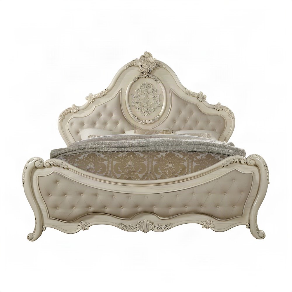 Wood Veneer Queen Bed Frame with Linen Upholstered, Beige Linen & Antique White