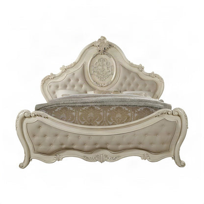 Wood Veneer Queen Bed Frame with Linen Upholstered, Beige Linen & Antique White