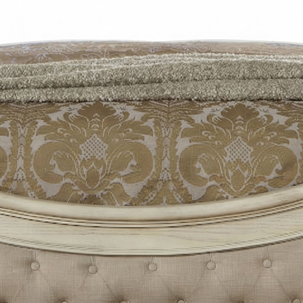 Wood Veneer Queen Bed Frame with Linen Upholstered, Beige Linen & Antique White