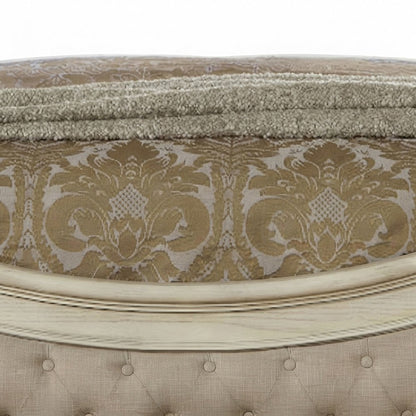 Wood Veneer Queen Bed Frame with Linen Upholstered, Beige Linen & Antique White