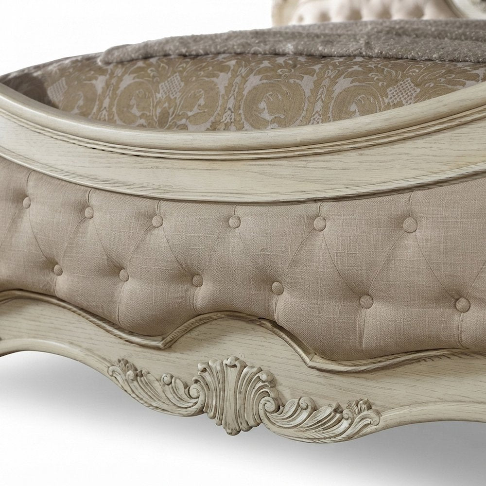 Wood Veneer Queen Bed Frame with Linen Upholstered, Beige Linen & Antique White