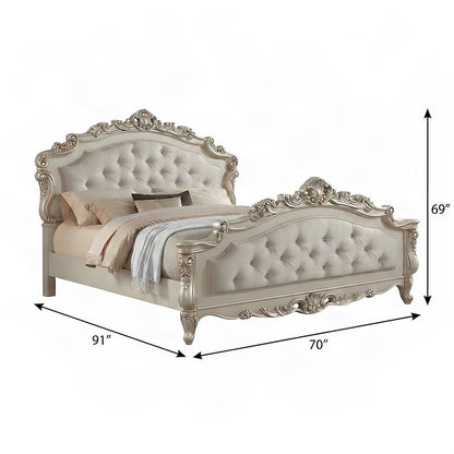 Upholstered Queen Panel Bed with Tall Fabric Headboard, Fabric & Golden Ivory