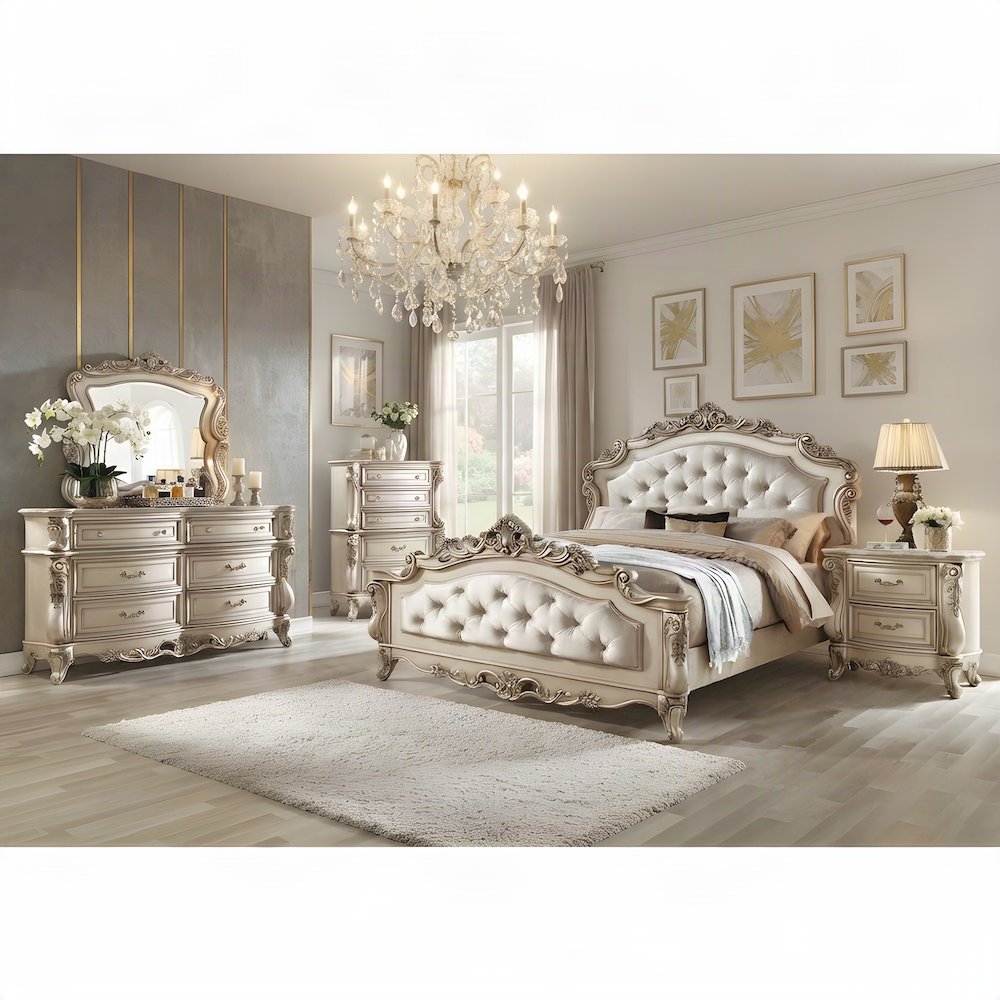 Upholstered Queen Panel Bed with Tall Fabric Headboard, Fabric & Golden Ivory