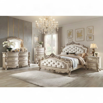 Upholstered Queen Panel Bed with Tall Fabric Headboard, Fabric & Golden Ivory