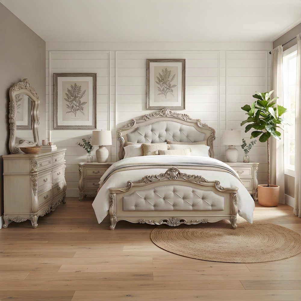 Upholstered Queen Panel Bed with Tall Fabric Headboard, Fabric & Golden Ivory