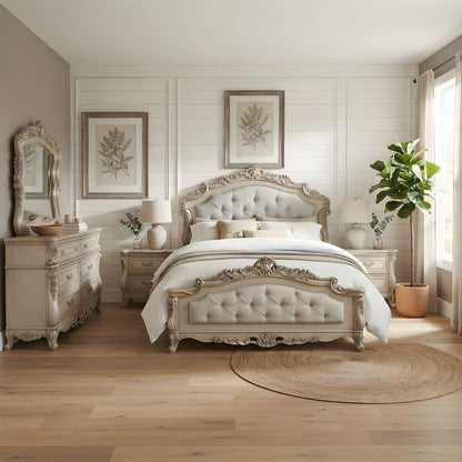 Upholstered Queen Panel Bed with Tall Fabric Headboard, Fabric & Golden Ivory