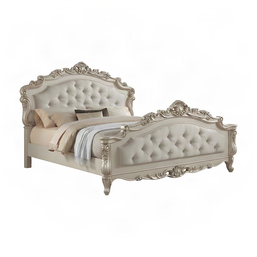 Upholstered Queen Panel Bed with Tall Fabric Headboard, Fabric & Golden Ivory