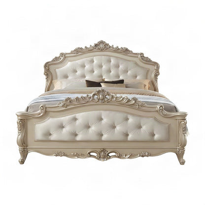 Upholstered Queen Panel Bed with Tall Fabric Headboard, Fabric & Golden Ivory