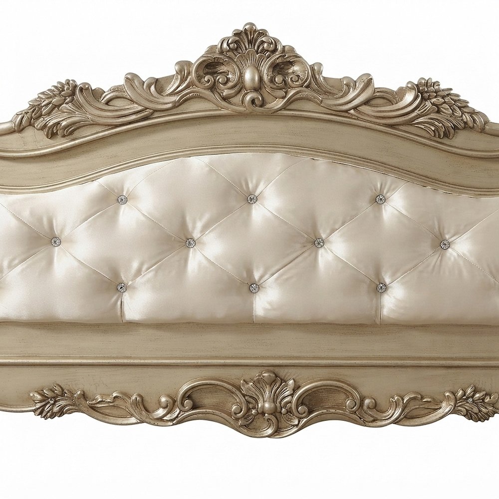 Upholstered Queen Panel Bed with Tall Fabric Headboard, Fabric & Golden Ivory