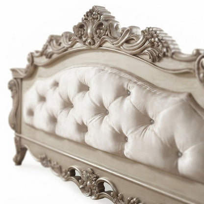Upholstered Queen Panel Bed with Tall Fabric Headboard, Fabric & Golden Ivory