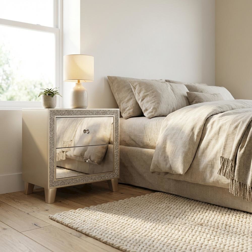 Mirrored Champagne Nightstand with Elegant Finish for Bedroom