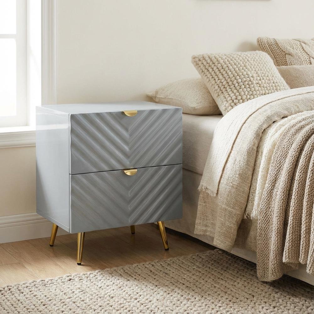 Gray Nightstand with High Gloss Finish and Contemporary Style