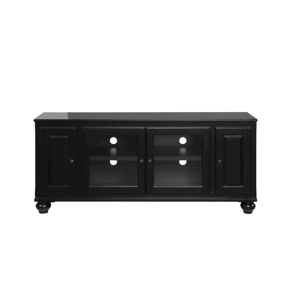 Black wood TV stand with spacious surface and modern design